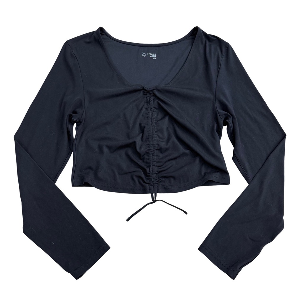 OFFLINE by Aerie Cinched Front Crop Top Women Large Black V-neck Adjustable Gym